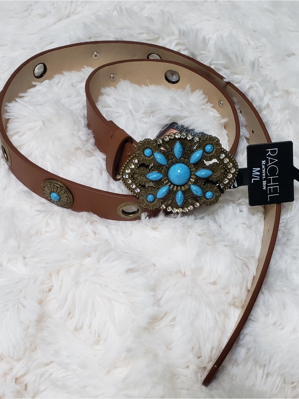 RACHEL Rachel Roy Western Brown Leather Belt with Turquoise Floral Buckle M/L